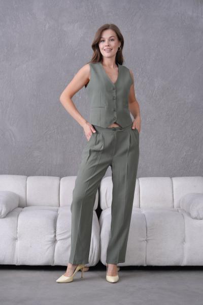 Modal Kumaş Yelekli Kadın Takım Elbise Haki