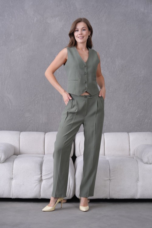 Modal Kumaş Yelekli Kadın Takım Elbise Haki