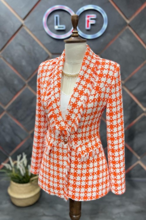 Püsküllü Kareli Kışlık Kadın Ceket Turuncu