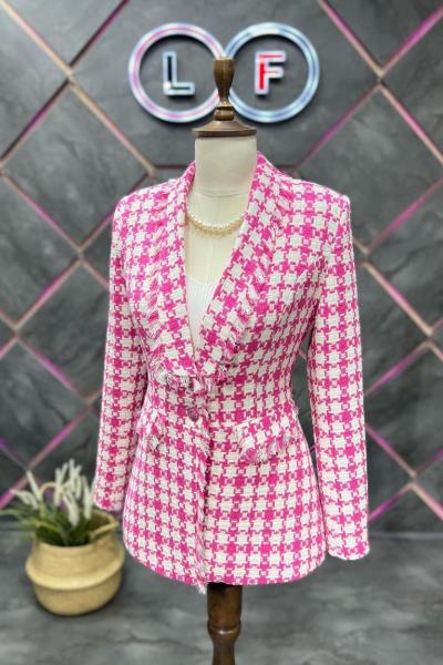 Püsküllü Kareli Kışlık Kadın Ceket Fuşya