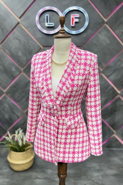 Püsküllü Kareli Kışlık Kadın Ceket Fuşya