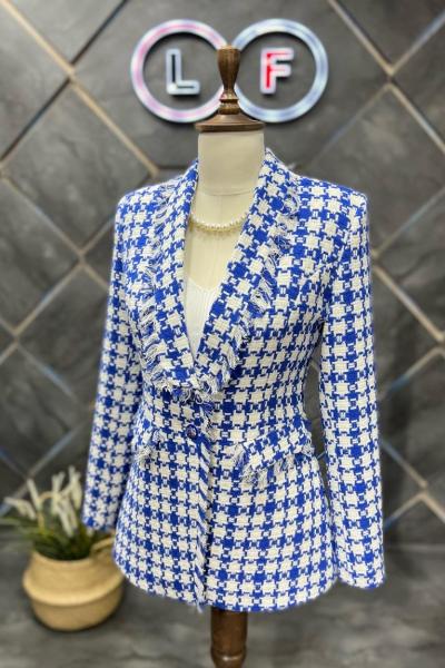 Püsküllü Kareli Kışlık Kadın Ceket Mavi