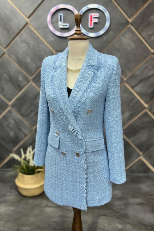 Püsküllü 6 Düğme Örgü Kumaş Kışlık Kadın Ceket Bebe Mavisi