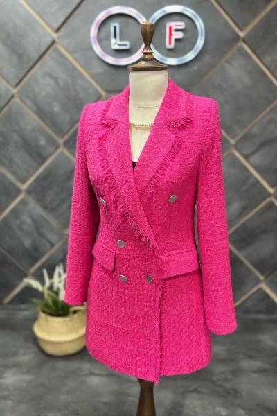 Püsküllü 6 Düğme Örgü Kumaş Kışlık Kadın Ceket Fuşya