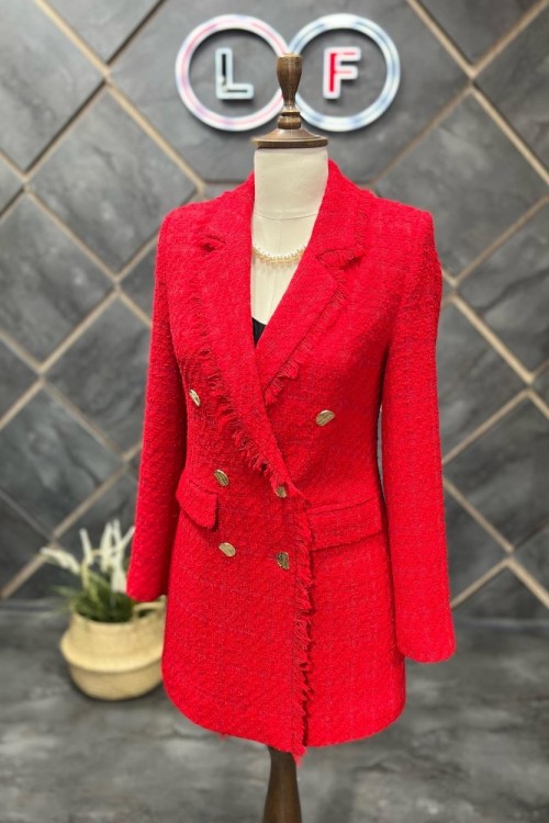 Püsküllü 6 Düğme Örgü Kumaş Kışlık Kadın Ceket Kırmızı