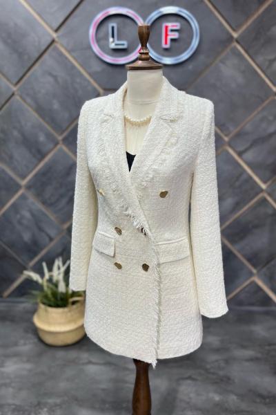 Püsküllü 6 Düğme Örgü Kumaş Kışlık Kadın Ceket Ekru