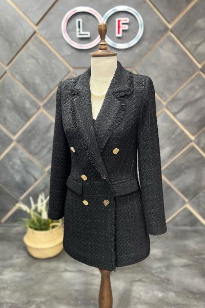 Püsküllü 6 Düğme Örgü Kumaş Kışlık Kadın Ceket Siyah