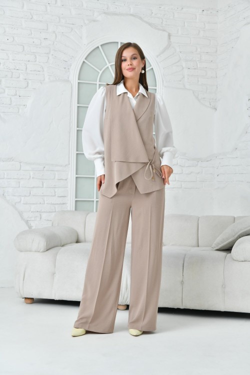 Salaş Yelekli Keten Kadın Takım Elbise Bej