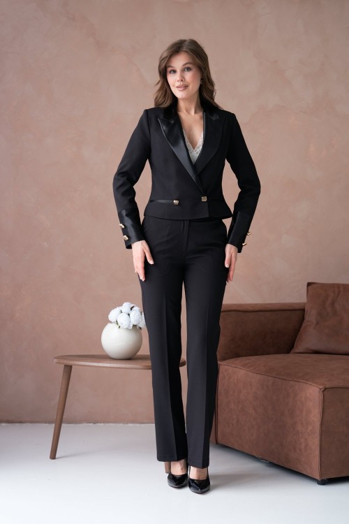 Saten Kol Crop Ceketli Kadın Takım Elbise Siyah