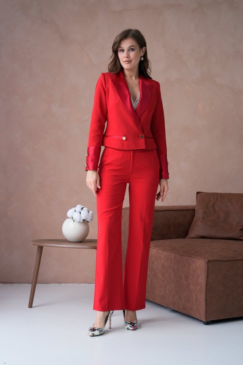 Saten Kol Crop Ceketli Kadın Takım Elbise Kırmızı