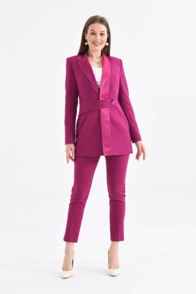 Saten Yaka Yarım Kemerli Takım Elbise Fuşya