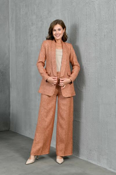 Smokin Ceketli 4 Düğmeli Salaş Pantolonlu Kadın Takım Elbise Taba