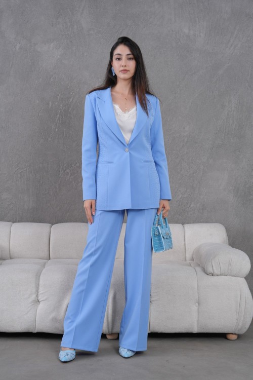 Taş İşlemeli Kadın Takım Elbise Bebe Mavisi