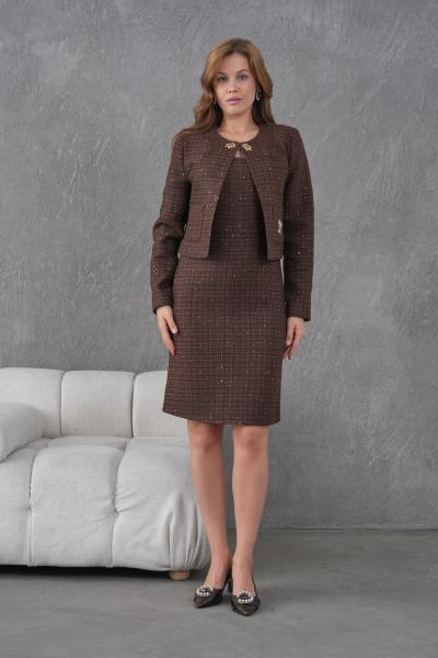 Taşlı Ceketli Elbiseli Kadın Takım Elbise Kahverengi
