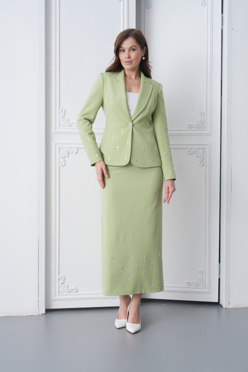 Taşlı İşlemeli Ceket Etekli Kadın Takım Elbise Fıstık Yeşili