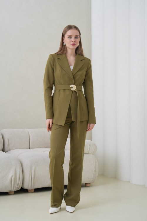 Tokalı Kuşak Ceketli Kadın Takım Elbise Haki