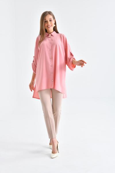 Yaka Broşlu Gömlekli Kadın Takım Açık Pembe