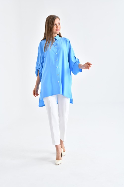 Yaka Broşlu Gömlekli Kadın Takım Gök Mavi