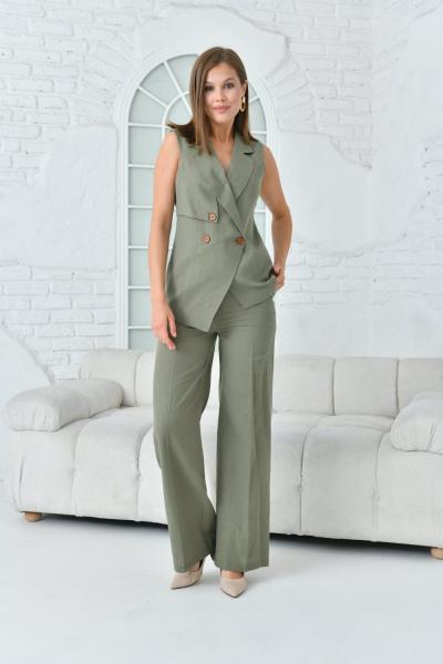 Yelekli Keten Kadın Takım Elbise Haki