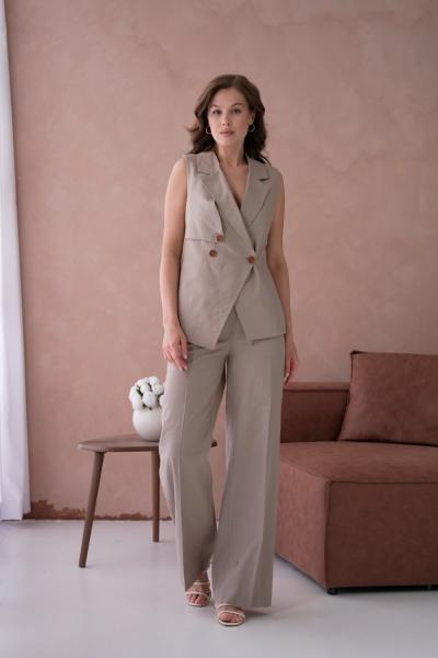 Yelekli Keten Kadın Takım Elbise Vizon