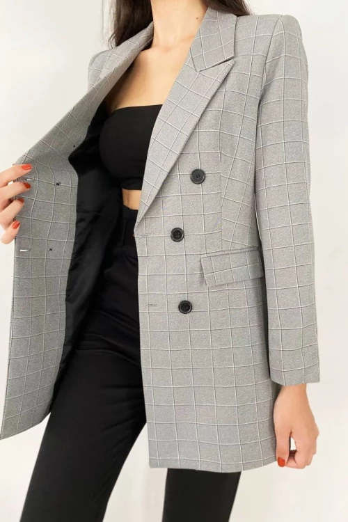 6 Düğmeli Ekose Kadın Ceket