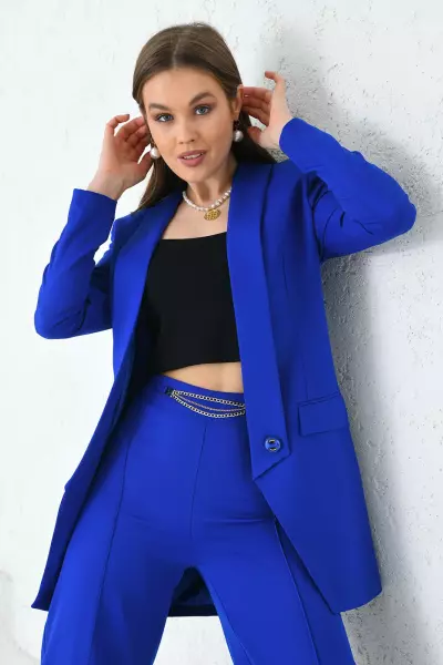 Zincirli Bol Paça Pantolon Saks Mavisi