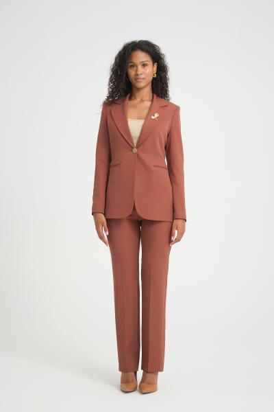 Broş Detay Gold Düğmeli Atlas Kadın Takım Elbise Kahverengi