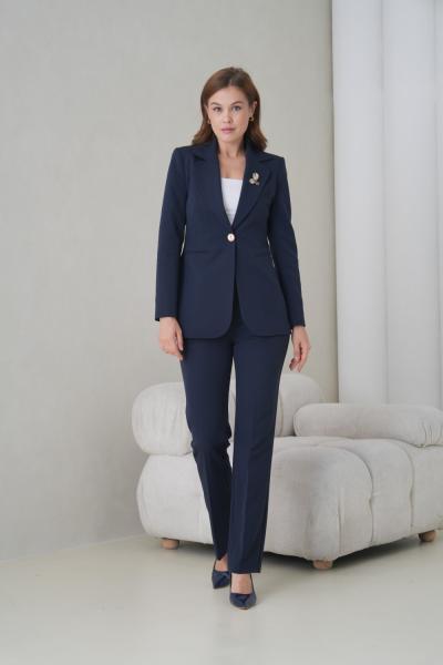 Broş Detay Gold Düğmeli Atlas Kadın Takım Elbise Koyu Lacivert