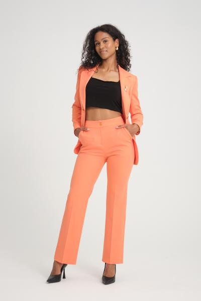 Broş Detay Gold Düğmeli Atlas Kadın Takım Elbise Oranj