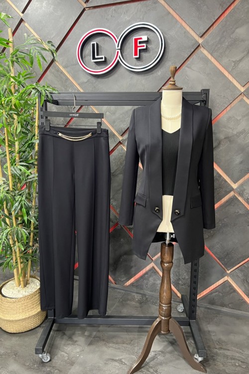 Zincirli Bol Paça Pantolon Siyah Siyah
