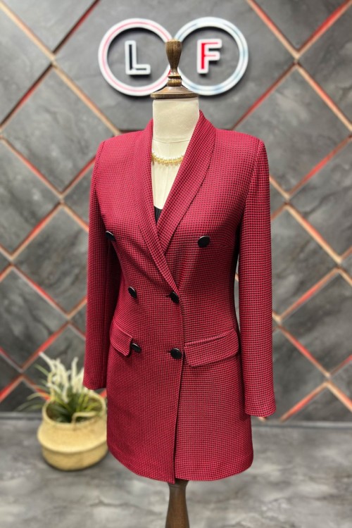 Deri Düğmeli Kadın Ceket Bordo Bordo