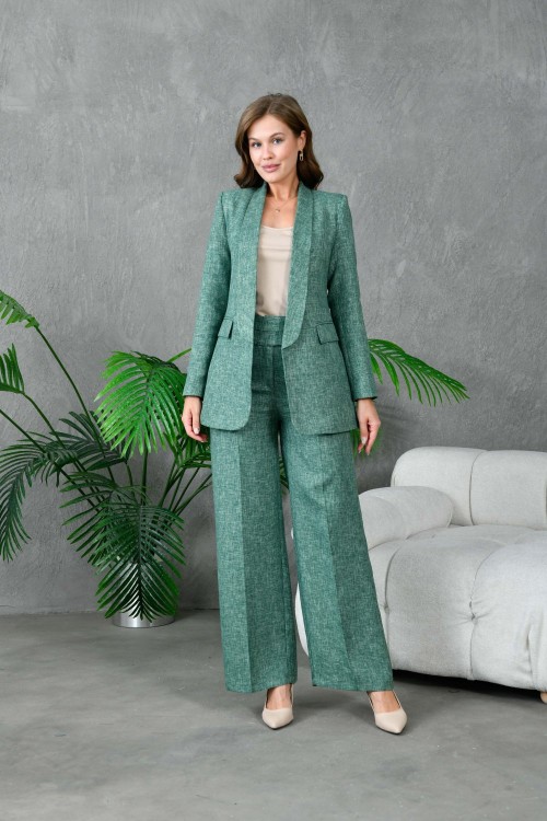 Smokin Ceketli 4 Düğmeli Salaş Pantolonlu Kadın Takım Elbise Petrol Yeşili Petrol Yeşili