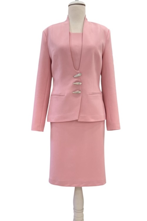 Çubuk Düğmeli Elbiseli Kadın Takım Açık Pembe Açık Pembe