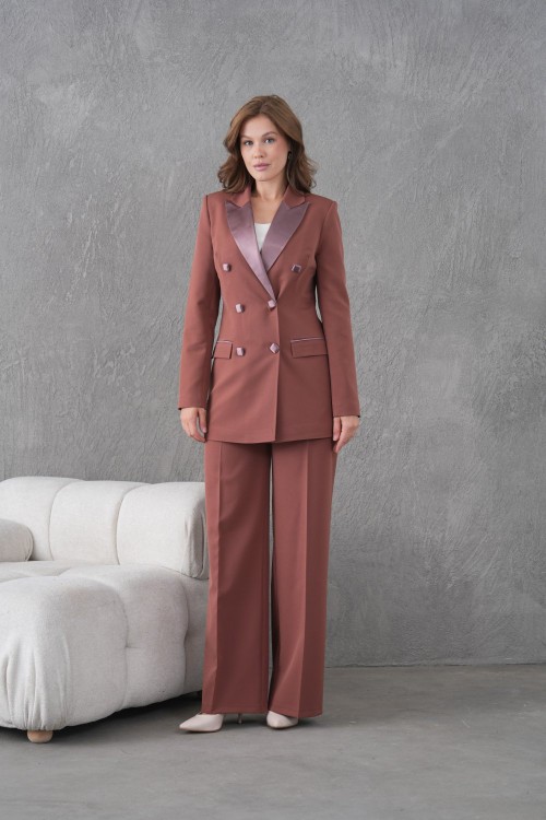 6 Düğmeli Kruvaze Ceketli Kadın Takım Acı Kahve Acı Kahve