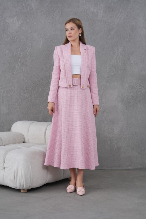 Örgü Kumaş Kloş Etekli Kadın Takım Pembe Pembe