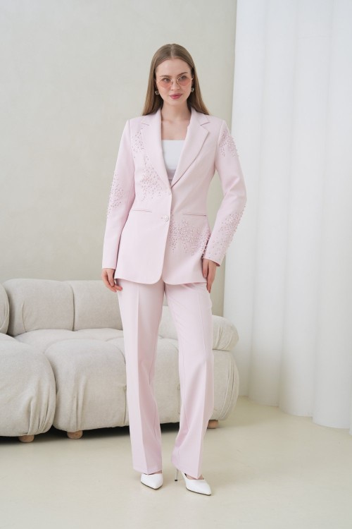 İncili Süslemeli Kadın Takım Elbise Açık Pembe Pembe