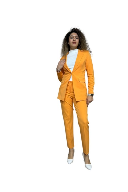 Düğmeli Atlas Kadın Takım Elbise Oranj Oranj