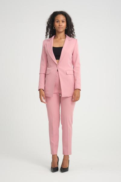 Düğmeli Atlas Kadın Takım Elbise Gül Kurusu