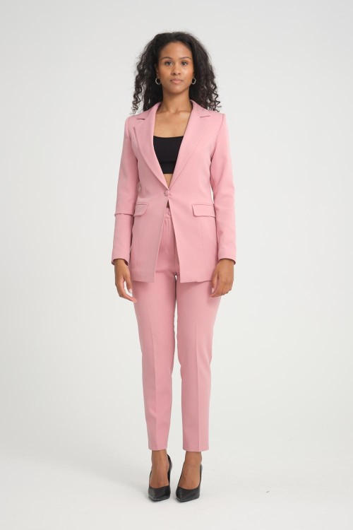 Düğmeli Atlas Kadın Takım Elbise Gül Kurusu