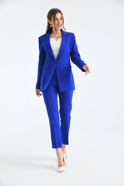 Düğmeli Atlas Kadın Takım Elbise Saks Mavisi