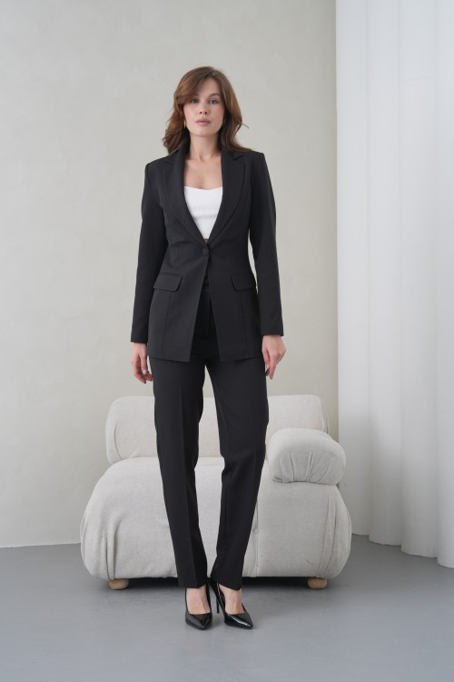 Düğmeli Atlas Kadın Takım Elbise Siyah