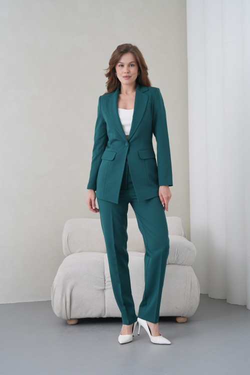 Düğmeli Atlas Kadın Takım Elbise Zümrüt Yeşili