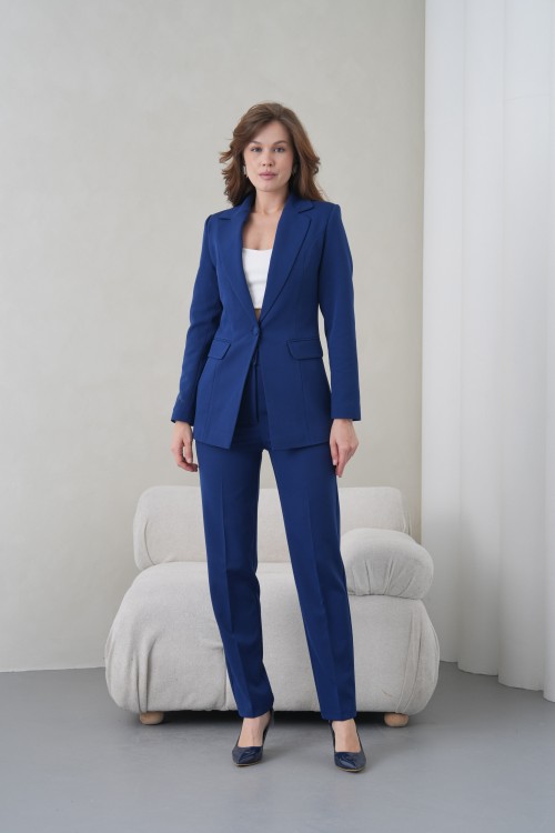 Düğmeli Atlas Kadın Takım Takım Elbise Lacivert