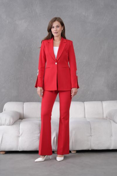 Kol Aksesuarlı İspanyol Paça Pantolonlu Kadın Takım Elbise Kırmızı