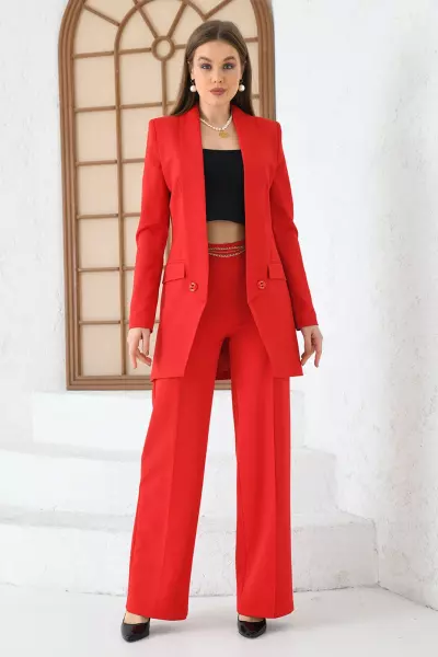 Zincirli Bol Paça Pantolon Kırmızı