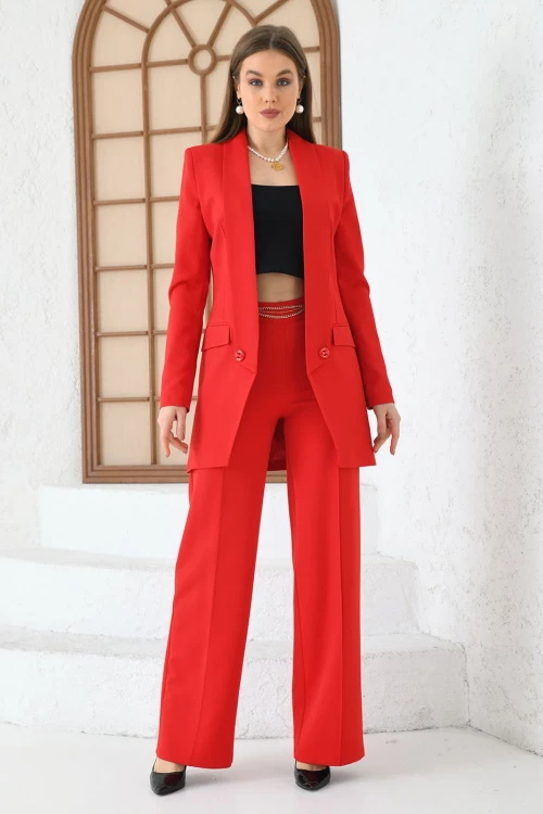 Zincirli Bol Paça Pantolon Kırmızı